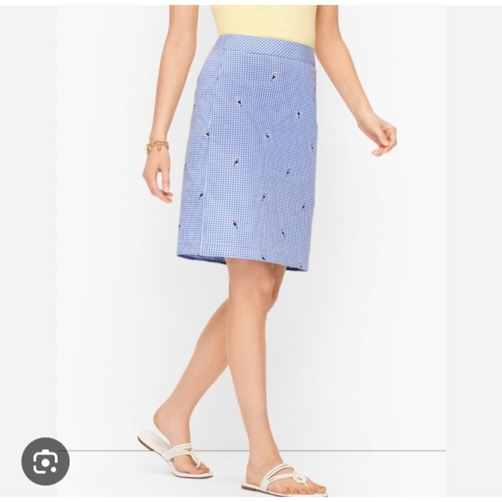 Talbots Sz 8P Blue Gingham Toucan Bird Embroidered Mini Skirt Preppy Fitted